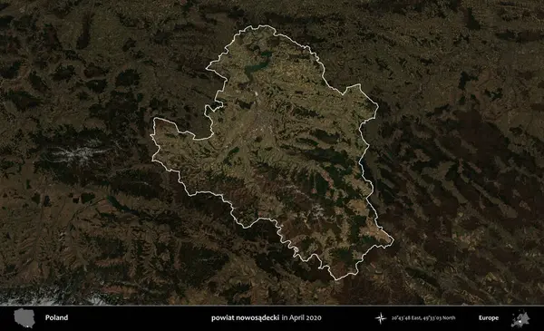 Şimdi powiat nowosadecki. Polonya 'nın idari alanı, Nisan 2020' de çekilen Kopernik Nöbetçi karolarından oluşan koyu renkli bir uydu görüntüsü üzerine vurgulandı ve özetlendi