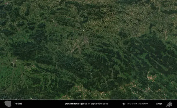 Şimdi powiat nowosadecki. Eylül 2020 'de Copernicus Sentinel karolarından oluşan bir uydu görüntüsü üzerine Polonya' nın idari bölgesi