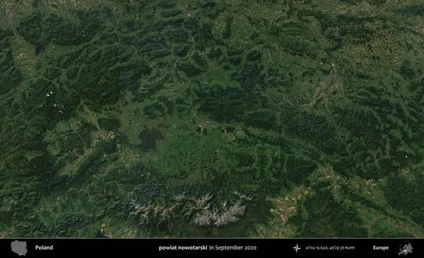 Şimdi powiat nowotarski. Eylül 2020 'de Copernicus Sentinel karolarından oluşan bir uydu görüntüsü üzerine Polonya' nın idari bölgesi