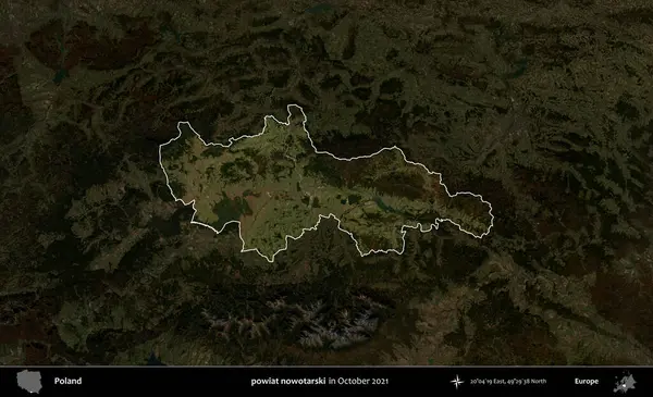 Şimdi powiat nowotarski. Polonya 'nın idari alanı, Ekim 2021' de çekilen Kopernik Nöbetçi karolarından oluşan koyu renkli bir uydu görüntüsü üzerine vurgulandı ve özetlendi