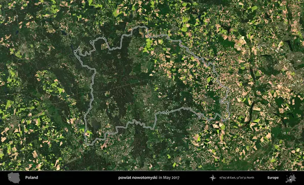 Powiat şimdi otomyski. Mayıs 2017 'de çekilen Kopernik Nöbetçi karolarından oluşan bir uydu görüntüsü üzerine Polonya' nın idari bölgesinin ana hatlarını belirledik.