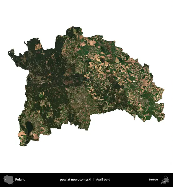 Powiat şimdi otomyski. Polonya idari bölgesi, Nisan 2019 'da çekilen Kopernik Nöbetçi karolarından oluşan bir uydu görüntüsü üzerinde beyaza izole edildi.