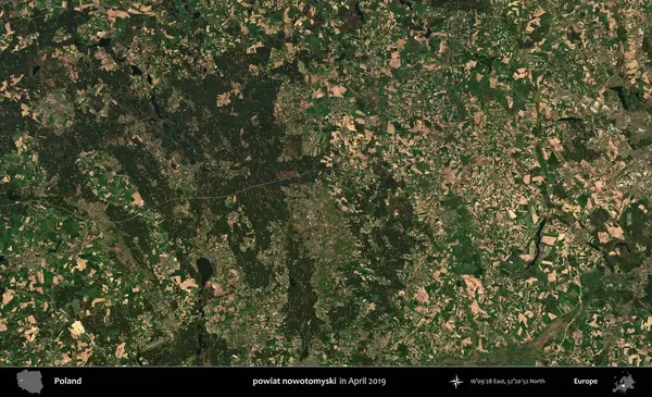 Powiat şimdi otomyski. Nisan 2019 'da çekilen Kopernik Sentinel karolarından oluşan bir uydu görüntüsü üzerine Polonya' nın idari bölgesi