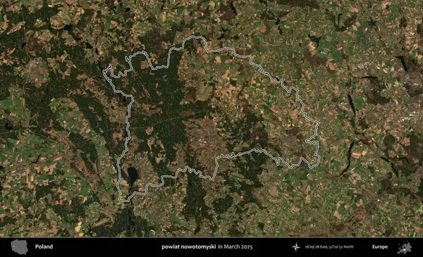 Powiat şimdi otomyski. Polonya 'nın idari bölgesinin ana hatları, Mart 2025' te çekilen Kopernik Nöbetçi karolarından oluşan bir uydu görüntüsü üzerine çizildi.