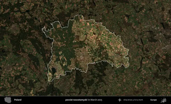 Powiat şimdi otomyski. Polonya 'nın idari alanı, Mart 2025' te çekilen Kopernik Nöbetçi karolarından oluşan koyu renkli bir uydu görüntüsü üzerine vurgulandı ve özetlendi