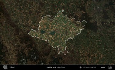 Powiat Niki. Polonya 'nın idari alanı, Nisan 2020' de çekilen Kopernik Nöbetçi karolarından oluşan koyu renkli bir uydu görüntüsü üzerine vurgulandı ve özetlendi