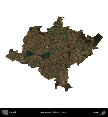 Powiat Niki. Polonya idari bölgesi, Mart 2025 'te çekilen Kopernik Nöbetçi karolarından oluşan bir uydu görüntüsü üzerinde beyaza izole edildi.