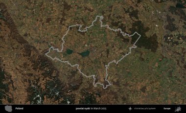 Powiat Niki. Polonya 'nın idari bölgesinin ana hatları, Mart 2025' te çekilen Kopernik Nöbetçi karolarından oluşan bir uydu görüntüsü üzerine çizildi.