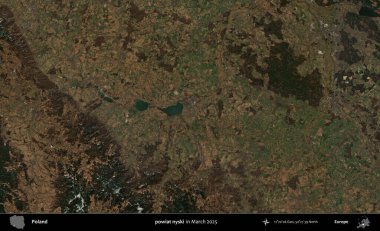 Powiat Niki. Copernicus Sentinel 'in Mart 2025' te çekilmiş uydu görüntüsü üzerine Polonya 'nın idari bölgesi