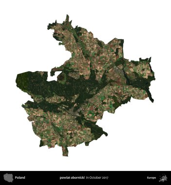 powiat obornicki. Polonya 'nın idari bölgesi, Ekim 2017' de çekilen Kopernik Nöbetçi karolarından oluşan bir uydu görüntüsü üzerinde beyaza izole edildi.