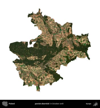 powiat obornicki. Polonya idari bölgesi, Ekim 2018 'de çekilen Kopernik Nöbetçi karolarından oluşan bir uydu görüntüsü üzerinde beyaza izole edildi.