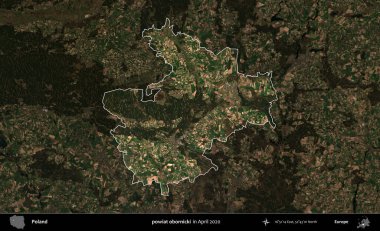 powiat obornicki. Polonya 'nın idari alanı, Nisan 2020' de çekilen Kopernik Nöbetçi karolarından oluşan koyu renkli bir uydu görüntüsü üzerine vurgulandı ve özetlendi