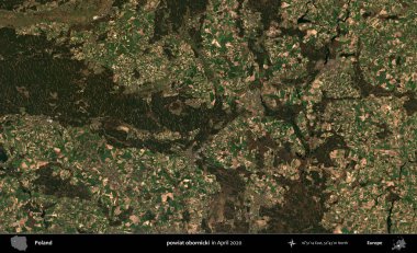powiat obornicki. Nisan 2020 'de Copernicus Sentinel karolarından oluşan bir uydu görüntüsü üzerine Polonya' nın idari bölgesi