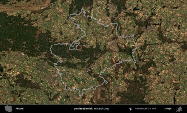 powiat obornicki. Polonya 'nın idari bölgesinin ana hatları, Mart 2025' te çekilen Kopernik Nöbetçi karolarından oluşan bir uydu görüntüsü üzerine çizildi.