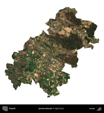 powiat olawski. Polonya idari bölgesi, Nisan 2020 'de çekilen Kopernik Nöbetçi karolarından oluşan bir uydu görüntüsü üzerinde beyaza izole edildi.