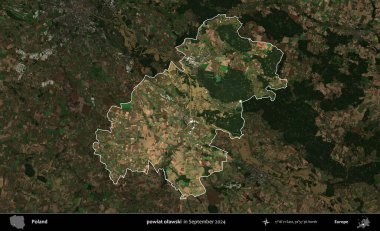 powiat olawski. Polonya 'nın idari alanı, Eylül 2024' te çekilen Kopernik Nöbetçi karolarından oluşan koyu renkli bir uydu görüntüsü üzerine vurgulandı ve özetlendi