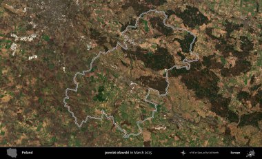 powiat olawski. Polonya 'nın idari bölgesinin ana hatları, Mart 2025' te çekilen Kopernik Nöbetçi karolarından oluşan bir uydu görüntüsü üzerine çizildi.