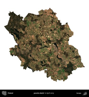 powiat olecki. Polonya idari bölgesi, Nisan 2019 'da çekilen Kopernik Nöbetçi karolarından oluşan bir uydu görüntüsü üzerinde beyaza izole edildi.