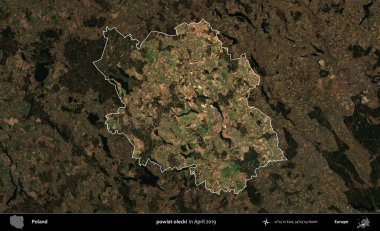 powiat olecki. Polonya 'nın idari alanı, Nisan 2019' da çekilen Kopernik Nöbetçi karolarından oluşan koyu renkli bir uydu görüntüsü üzerine vurgulandı ve özetlendi.