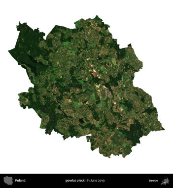 powiat olecki. Polonya idari bölgesi, Haziran 2019 'da çekilen Kopernik Nöbetçi karolarından oluşan bir uydu görüntüsü üzerinde beyaza izole edildi.