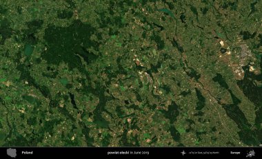 powiat olecki. Copernicus Sentinel 'in Haziran 2019' da çekilmiş uydu görüntüsü üzerine Polonya 'nın idari bölgesi.