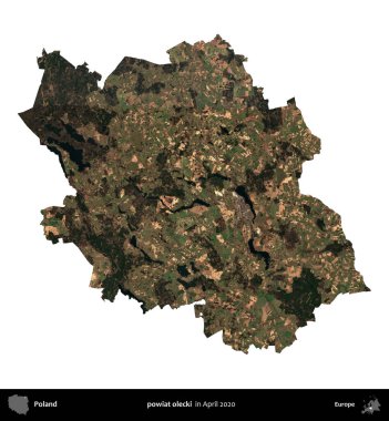 powiat olecki. Polonya idari bölgesi, Nisan 2020 'de çekilen Kopernik Nöbetçi karolarından oluşan bir uydu görüntüsü üzerinde beyaza izole edildi.