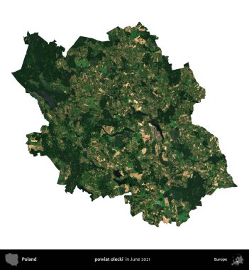 powiat olecki. Polonya idari bölgesi, Haziran 2021 'de çekilen Kopernik Nöbetçi karolarından oluşan bir uydu görüntüsü üzerinde beyaza izole edildi.