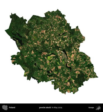 powiat olecki. Polonya 'nın idari bölgesi, Mayıs 2024' te çekilen Kopernik Nöbetçi Fayanslarından oluşan bir uydu görüntüsü üzerinde beyaza izole edildi.