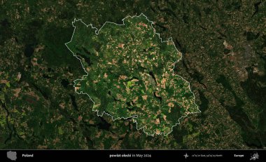 powiat olecki. Polonya 'nın idari alanı, Mayıs 2024' te çekilen Kopernik Nöbetçi karolarından oluşan koyu renkli bir uydu görüntüsü üzerinde vurgulandı ve özetlendi.