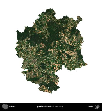 powiat olesnicki. Polonya idari bölgesi, Haziran 2023 'te çekilen Kopernik Nöbetçi karolarından oluşan bir uydu görüntüsü üzerinde beyaza izole edildi.