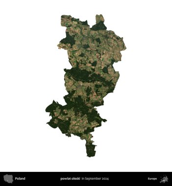 powiat oleski. Polonya idari bölgesi, Eylül 2024 'te çekilen Kopernik Nöbetçi karolarından oluşan bir uydu görüntüsü üzerinde beyaza izole edildi.