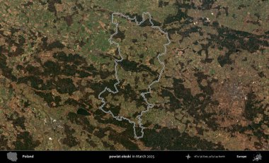 powiat oleski. Polonya 'nın idari bölgesinin ana hatları, Mart 2025' te çekilen Kopernik Nöbetçi karolarından oluşan bir uydu görüntüsü üzerine çizildi.