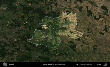 powiat olkuski. Polonya 'nın idari alanı, Eylül 2019' da çekilen Kopernik Nöbetçi karolarından oluşan koyu renkli bir uydu görüntüsü üzerinde vurgulandı ve özetlendi.
