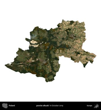 powiat olkuski. Polonya idari bölgesi, Ekim 2019 'da çekilen Kopernik Nöbetçi karolarından oluşan bir uydu görüntüsü üzerinde beyaza izole edildi.