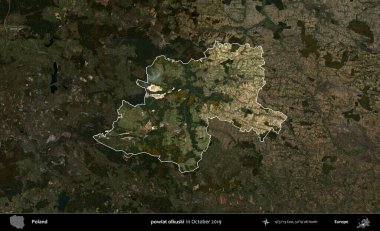 powiat olkuski. Polonya 'nın idari alanı, Ekim 2019' da çekilen Kopernik Nöbetçi karolarından oluşan koyu renkli bir uydu görüntüsü üzerine vurgulandı ve özetlendi.