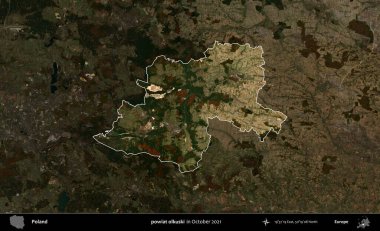 powiat olkuski. Polonya 'nın idari alanı, Ekim 2021' de çekilen Kopernik Nöbetçi karolarından oluşan koyu renkli bir uydu görüntüsü üzerine vurgulandı ve özetlendi