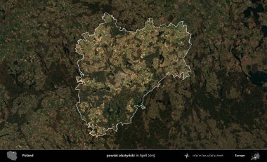 powiat olsztynski. Polonya 'nın idari alanı, Nisan 2019' da çekilen Kopernik Nöbetçi karolarından oluşan koyu renkli bir uydu görüntüsü üzerine vurgulandı ve özetlendi.