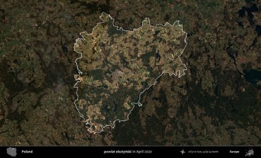 powiat olsztynski. Polonya 'nın idari alanı, Nisan 2020' de çekilen Kopernik Nöbetçi karolarından oluşan koyu renkli bir uydu görüntüsü üzerine vurgulandı ve özetlendi