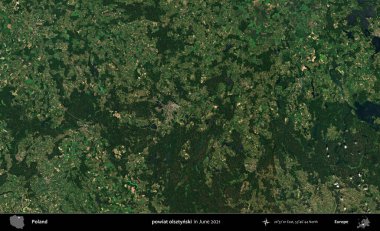 powiat olsztynski. Copernicus Sentinel 'in Haziran 2021' de çekilmiş uydu görüntüsü üzerine Polonya 'nın idari bölgesi