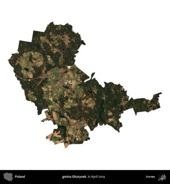 gmina Olsztynek. Polonya idari bölgesi, Nisan 2019 'da çekilen Kopernik Nöbetçi karolarından oluşan bir uydu görüntüsü üzerinde beyaza izole edildi.