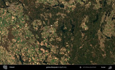 gmina Olsztynek. Nisan 2019 'da çekilen Kopernik Sentinel karolarından oluşan bir uydu görüntüsü üzerine Polonya' nın idari bölgesi