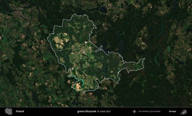 gmina Olsztynek. Polonya 'nın idari alanı, Haziran 2021' de çekilen Kopernik Nöbetçi karolarından oluşan koyu renkli bir uydu görüntüsüyle vurgulandı ve özetlendi
