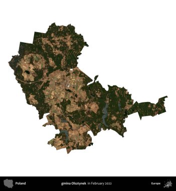 gmina Olsztynek. Polonya idari bölgesi, Şubat 2022 'de çekilen Kopernik Nöbetçi karolarından oluşan bir uydu görüntüsü üzerinde beyaza izole edildi.