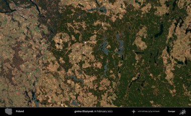 gmina Olsztynek. Polonya 'nın idari bölgesi, Şubat 2022' de çekilen Kopernik Sentinel karolarından oluşan bir uydu görüntüsü üzerine kurulmuştur.