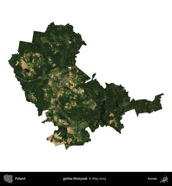 gmina Olsztynek. Polonya 'nın idari bölgesi, Mayıs 2024' te çekilen Kopernik Nöbetçi Fayanslarından oluşan bir uydu görüntüsü üzerinde beyaza izole edildi.