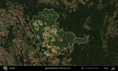 gmina Olsztynek. Polonya 'nın idari alanı, Eylül 2024' te çekilen Kopernik Nöbetçi karolarından oluşan koyu renkli bir uydu görüntüsü üzerine vurgulandı ve özetlendi