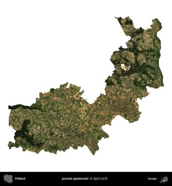 powiat opatowski. Polonya idari bölgesi, Nisan 2018 'de çekilen Kopernik Nöbetçi karolarından oluşan bir uydu görüntüsü üzerinde beyaza izole edildi.