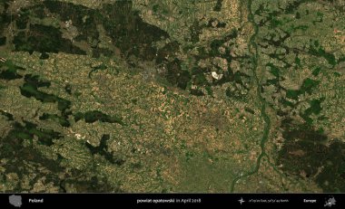 powiat opatowski. Nisan 2018 'de çekilen Kopernik Sentinel karolarından oluşan bir uydu görüntüsü üzerine Polonya' nın idari bölgesi
