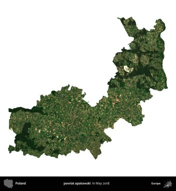 powiat opatowski. Polonya 'nın idari bölgesi, Mayıs 2018' de çekilen Kopernik Nöbetçi Fayanslarından oluşan bir uydu görüntüsü üzerinde beyaza izole edildi.