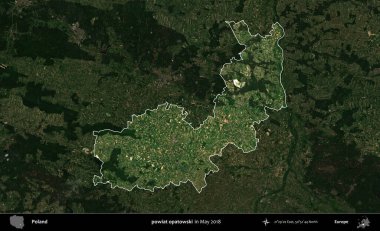 powiat opatowski. Polonya 'nın idari alanı, Mayıs 2018' de çekilen Kopernik Nöbetçi karolarından oluşan koyu renkli bir uydu görüntüsüyle vurgulandı ve özetlendi